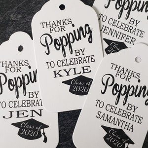 Thanks for Popping by to Celebrate my MEDIUM 1 3/8 x 2 1/2 Personalized Graduation Favor Tag choose your amount image 2