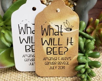 What will it Bee (my SMALL tag) 1 1/8" x 2" Personalized Shower Baby Favor Tag