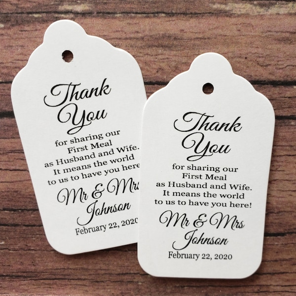 Thank you for Sharing our First Meal as Husband and Wife (my MEDIUM tag) 1 3/8" x 2 1/2" Personalized Wedding Favor Tag souvenir Mr and Mrs