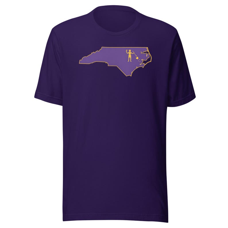 North Carolina Pirate Flag Shirt, Purple and Gold NC Outline Tee, Blackbeard Inspired OBX ECU Game Day Gift