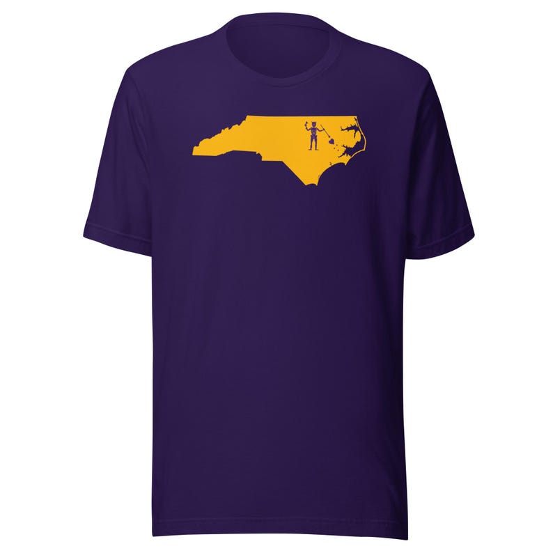 North Carolina Pirate Flag Shirt, Purple and Gold NC Outline Tee, Blackbeard Inspired OBX ECU Game Day Gift