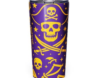 Vaso cónico de acero inoxidable con diseño de pirata morado y dorado, Greenville, Carolina del Norte, ECU, Piratas