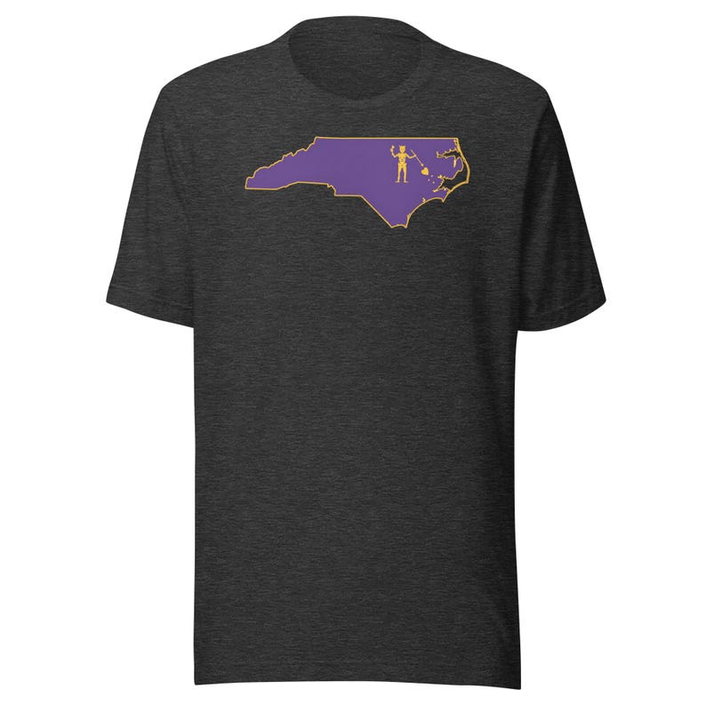 North Carolina Pirate Flag Shirt, Purple and Gold NC Outline Tee, Blackbeard Inspired OBX ECU Game Day Gift