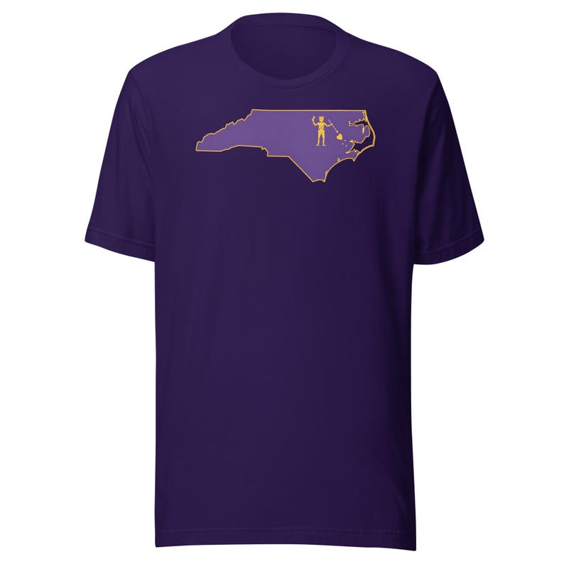 North Carolina Pirate Flag Shirt, Purple and Gold NC Outline Tee, Blackbeard Inspired OBX ECU Game Day Gift