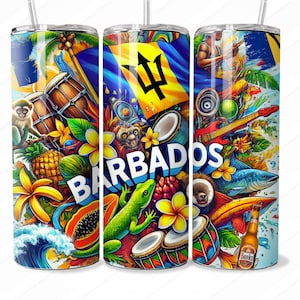 Könnte beinhalten: Ein farbenfroher Edelstahlbecher mit einem Design, das eine tropische Inselszene zeigt, darunter Palmen, einen Strand, einen Fisch und die Worte "Barbados".