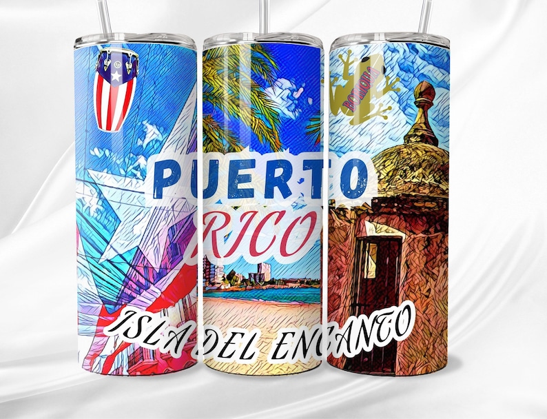 May include: Three stainless steel tumblers with colorful designs featuring Puerto Rican imagery. The designs include a conga drum, a palm tree, a beach, a building, and a frog. The tumblers have the text "PUERTO RICO" and "ISLA DEL ENCANTO" printed on them.