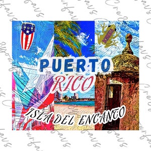 May include: A colorful illustration of Puerto Rico with a red, white, and blue flag, a palm tree, a building with a door, and the text "PUERTO RICO ISLA DEL ENCANTO".
