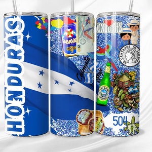 May include: A blue and white tumbler with a glitter finish and a design featuring the Honduran flag, a map of Honduras, and various Honduran symbols, including the words "Honduras" and "504".