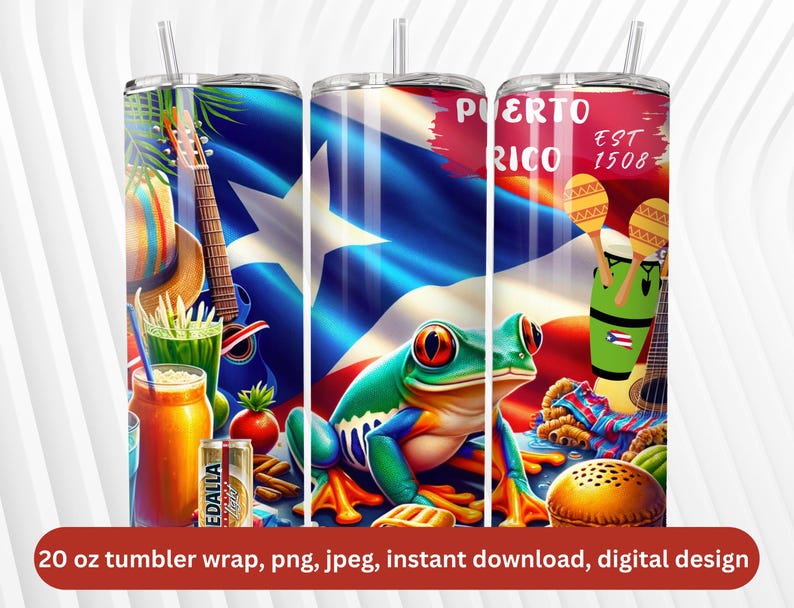 May include: A 20 ounce tumbler wrap design featuring a Puerto Rican flag, a green frog, a red, white, and blue maraca, a yellow and brown conga drum, and the text "PUERTO RICO EST 1508".