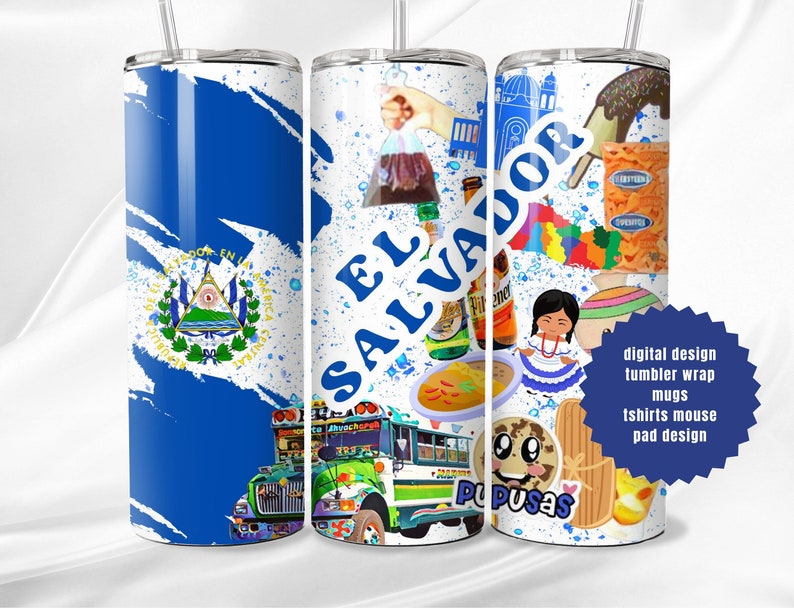 May include: A white tumbler with a blue and white design featuring the flag of El Salvador, a school bus, pupusas, and other cultural elements. The text "El Salvador" is written in blue letters on the tumbler.