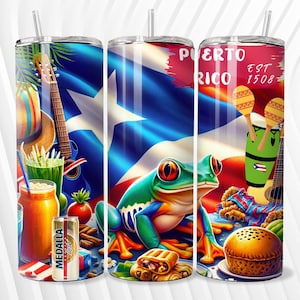 May include: A stainless steel tumbler with a colorful design featuring the Puerto Rican flag, a frog, a guitar, a maraca, and a beer can. The text "PUERTO RICO EST 1508" is printed on the tumbler.