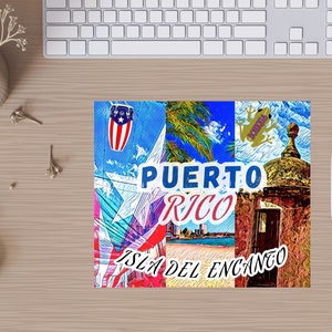 May include: A colorful collage of images representing Puerto Rico. The collage includes a red, white, and blue drum, a green tree, a blue sky, a yellow frog, a red and brown building, and the text "PUERTO RICO ISLA DEL ENCANTO".