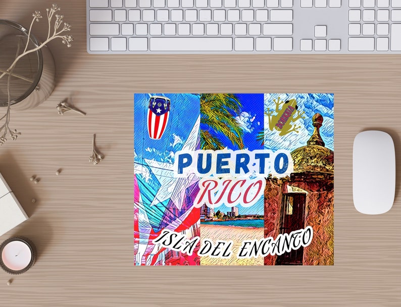 May include: A colorful collage of images representing Puerto Rico. The collage includes a red, white, and blue drum, a green tree, a blue sky, a yellow frog, a red and brown building, and the text "PUERTO RICO ISLA DEL ENCANTO".