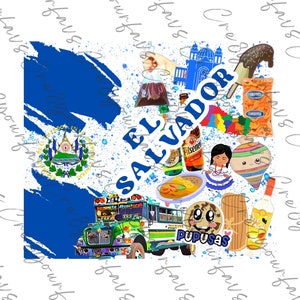 May include: A colorful illustration of El Salvador with a blue and white flag, a bus, a pupusa, and other cultural icons. The text "EL SALVADOR" is written in a bold, white font.