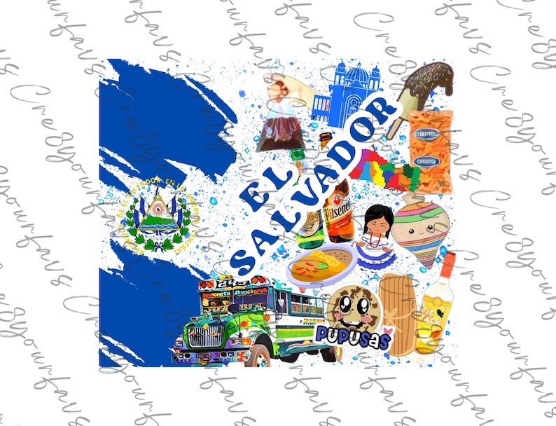 May include: A colorful illustration of El Salvador with a blue and white flag, a bus, a pupusa, and other cultural icons. The text "EL SALVADOR" is written in a bold, white font.