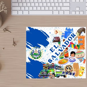 May include: A colorful illustration of El Salvador with a blue and white background. The illustration includes a bus, a pupusa, a beer bottle, a flag, a church, and other cultural symbols.