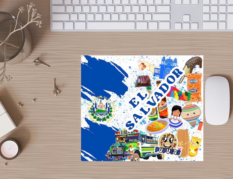May include: A colorful illustration of El Salvador with a blue and white background. The illustration includes a bus, a pupusa, a beer bottle, a flag, a church, and other cultural symbols.