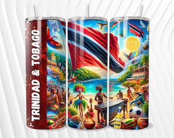 Può includere: Tre bicchieri in acciaio inossidabile con un design colorato che presenta la bandiera di Trinidad e Tobago, una scena di spiaggia e vari elementi culturali. I bicchieri sono decorati con immagini di persone che suonano musica, ballano e si godono la spiaggia. Il testo "Trinidad & Tobago" è stampato su uno dei bicchieri.