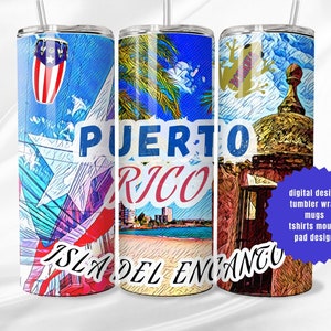 May include: Three colorful sublimation designs for tumblers featuring a Puerto Rican theme. The designs include a conga drum, a frog, and a building with a dome. The text "PUERTO RICO" and "ISLA DEL ENCANTO" are featured on the designs.