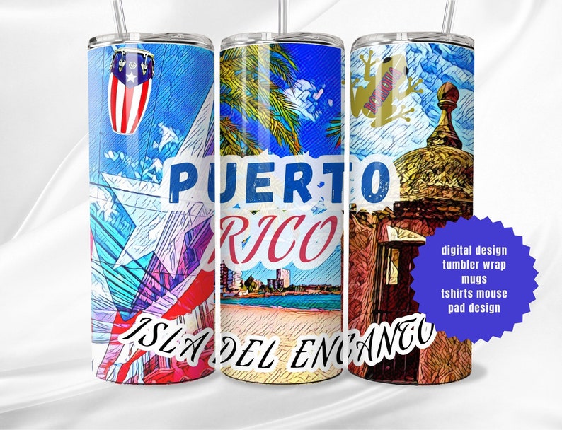 May include: Three colorful sublimation designs for tumblers featuring a Puerto Rican theme. The designs include a conga drum, a frog, and a building with a dome. The text "PUERTO RICO" and "ISLA DEL ENCANTO" are featured on the designs.