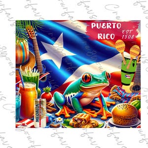 May include: A colorful illustration of a frog sitting on a table with a Puerto Rican flag in the background. There are maracas, a guitar, a bottle of beer, and a pastry on the table. The text "PUERTO RICO EST 1508" is visible on the flag.