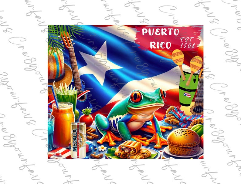 May include: A colorful illustration of a frog sitting on a table with a Puerto Rican flag in the background. There are maracas, a guitar, a bottle of beer, and a pastry on the table. The text "PUERTO RICO EST 1508" is visible on the flag.