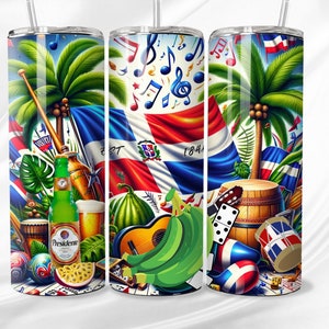 May include: A colorful stainless steel tumbler with a Dominican Republic theme. The design features the Dominican flag, musical notes, palm trees, a beer bottle, a guitar, and a barrel. The text "1844" and "1821" are visible on the flag.