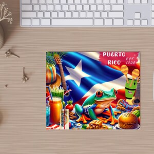 May include: A colorful illustration of a Puerto Rican flag with a green frog, a guitar, and a tropical drink. The text "PUERTO RICO EST 1508" is on the flag.