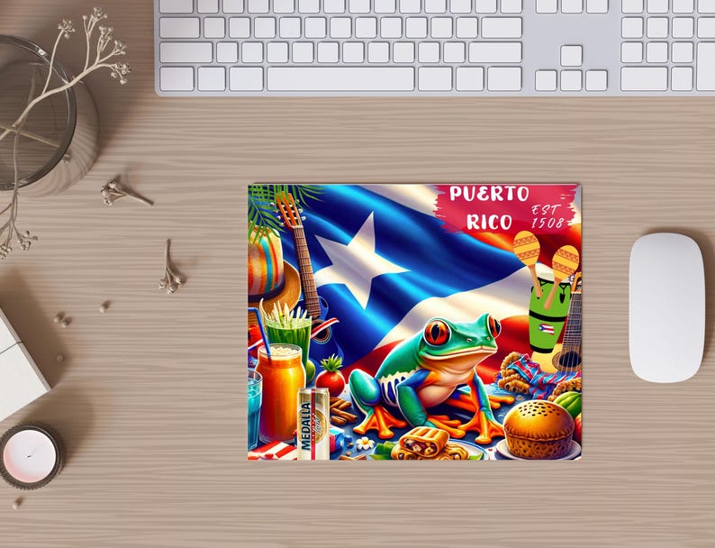 May include: A colorful illustration of a Puerto Rican flag with a green frog, a guitar, and a tropical drink. The text "PUERTO RICO EST 1508" is on the flag.