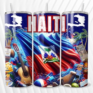 Puede incluir: Un vaso de acero inoxidable con un diseño colorido que presenta la bandera haitiana, una guitarra, palmeras y la palabra "HAITI".