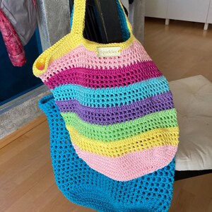 Bolso de crochet, bolso de compras, complemento de moda, bolso de compras, color block, sostenible, algodón