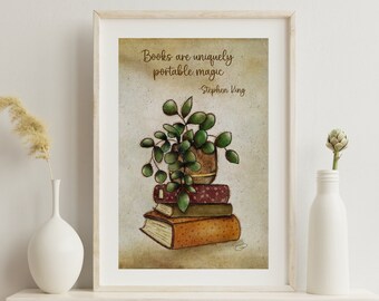 Wall decor print digital artful download book lover art plant print vintage reader gift digital art printly book lover gift birthday gift