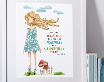 Kids room wall decor art print child wall art gift art display for girls homeschool wall art nursery gift psalm 139 bible verse playroom art