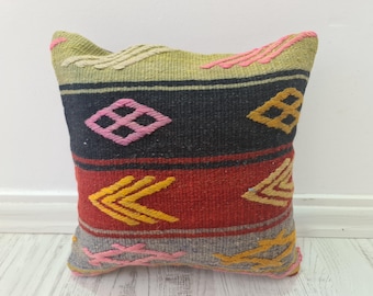 Funda de cojín Kilim vintage de 40,6 x 40,6 cm: cojín turco hecho a mano, decoración tribal bohemia