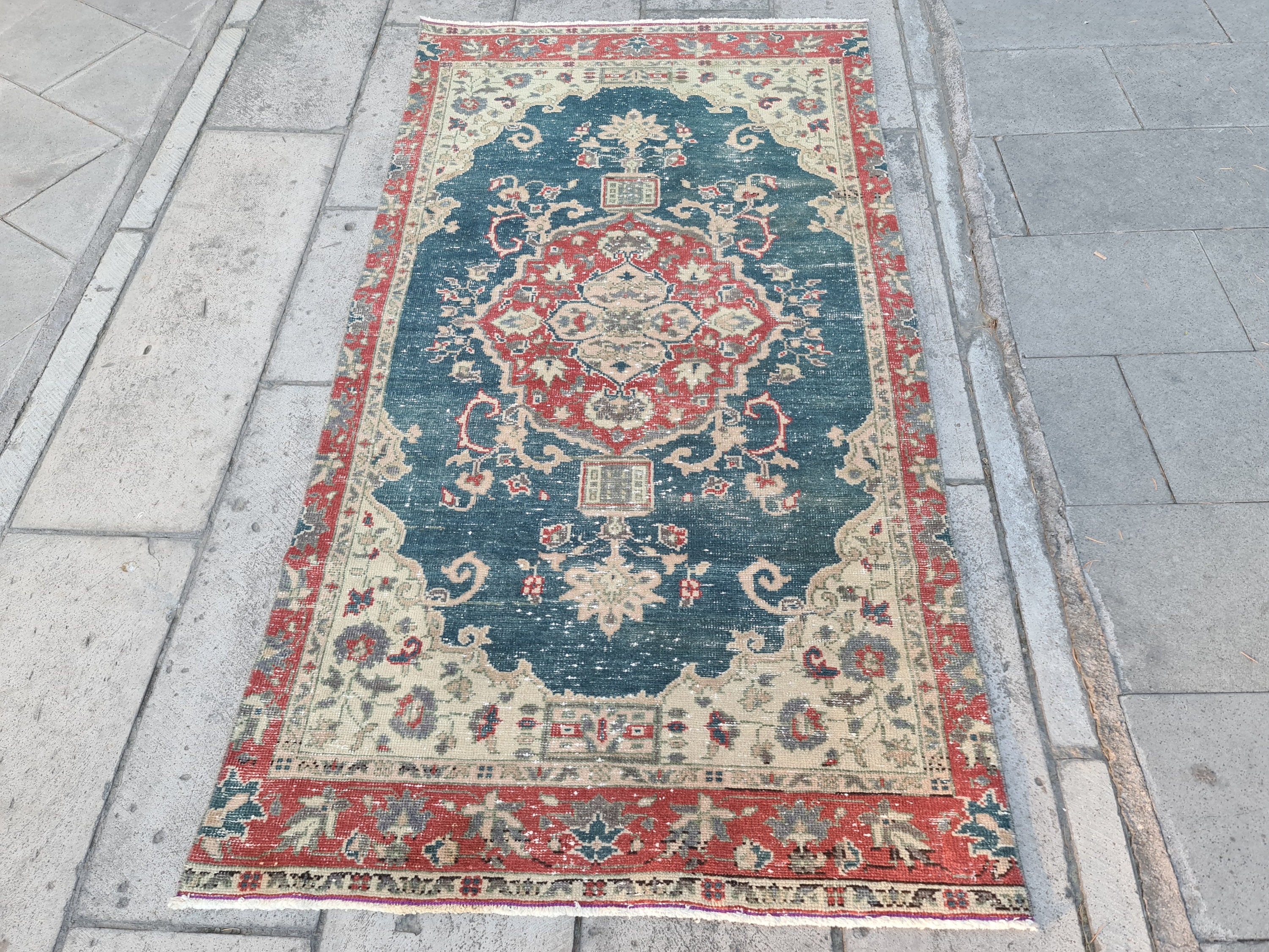 Vintage Turkish Rug 3.4x6.4 Ft: Hand-knotted Wool Oriental Carpet