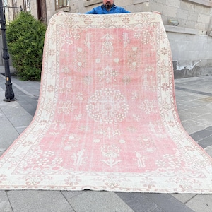 Vintage Oushak Turkish Rug: 6.2x9.5 ft, Large Pastel Boho Area Rug