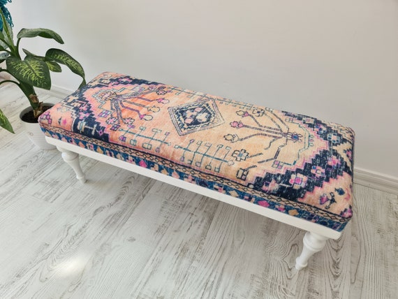 Printed Turkish Rug Upholstered Bench: Rustic Entryway Seating