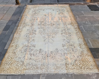 Vintage Turkish Oushak Rug | 6.3x10.2 ft Distressed Beige Floral Wool Carpet