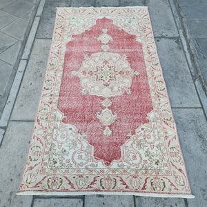Vintage Turkish Oushak Rug: Red Oriental Wool Carpet (3.6x6.9 ft)