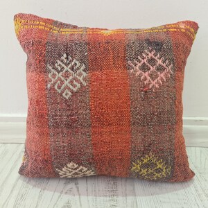 Handmade Kilim Pillow 16x16 – Vintage Turkish Cushion Cover – Boho Wool Pillow – Tribal Ethnic Decor – Rustic Throw Pillow