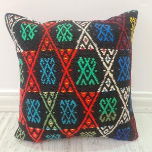 Colorful Kilim Pillow Cover 16x16 – Turkish Tribal Wool Cushion, Handmade Vintage Rug Pillow, Boho Ethnic Decor
