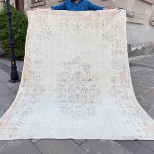 Vintage Turkish Rug - 6x7.8 ft Handmade Oushak Carpet - Antique Pastel Area Rug - Oversized Living Room Rug