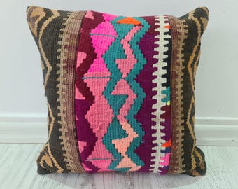 Funda de almohada Kilim vintage de 40,6 x 40,6 cm: cojín bohemio turco tejido a mano