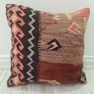 Vintage Kilim Pillow Cover 16x16 – Turkish Rug Cushion, Handmade Boho Pillow, Tribal Wool Decor, One of a Kind Throw Pillow