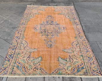Vintage Turkish Oushak Rug: Orange Wool Area Carpet 5.8x8.4 ft