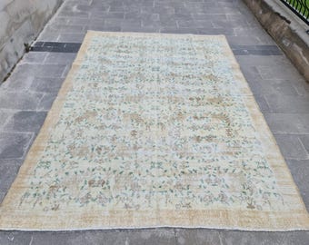 Large 7x10 Vintage Oushak Rug, Neutral Beige Floral Turkish Carpet