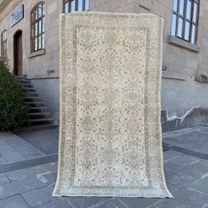 Vintage Turkish Rug 4x7.2 ft – Antique Handmade Oushak Oversized Turkish Area Rug for Living Room