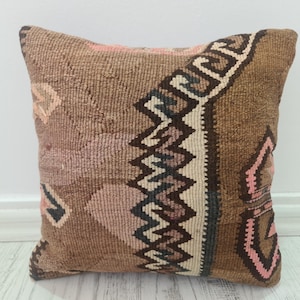 Vintage Kilim Pillow Cover 16x16 Inch – Handwoven Turkish Rug Cushion, Boho Throw Pillow, Rustic Home Decor, One of a Kind