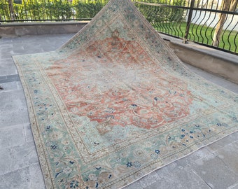 Oversized Vintage Turkish Oushak Rug: 9.5x12.5 ft, Pastel Tribal Rug