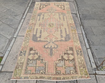 Tappeto Oushak rosa vintage fatto a mano 4x8,9 piedi - Tappeto turco in lana